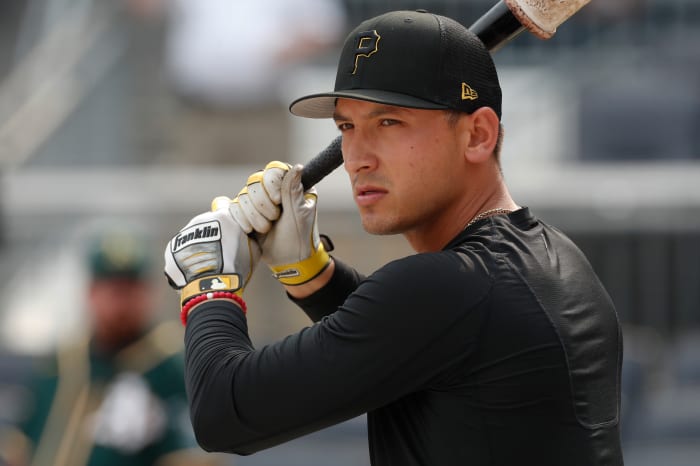 Pittsburgh Pirates infielder Mark Mathias at the batting cage before the game against the Oakland Athletics at PNC Park. (2023)